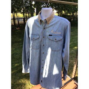 Woolrich Mens Denim Button-Up Shirt With Logo Embroidered On Chest & Beige Colla